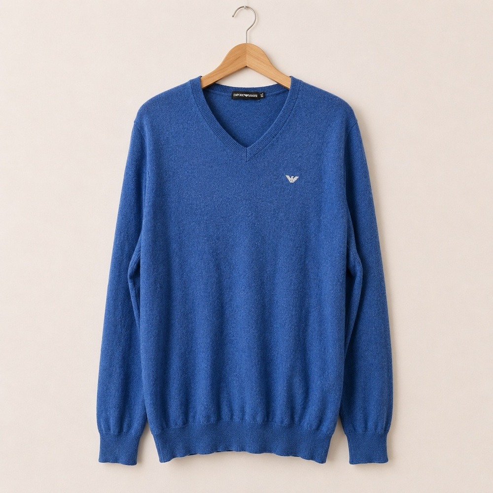Emporio Armani Old Money Luxury V Neck Sweater Mens 4XL Blue Quiet Luxury Preppy